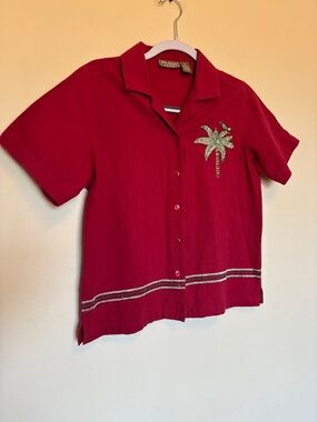 Vtg Jane Ashley Button Top Sz S Embroidered Palm Tree Floral Cottagecore Boho